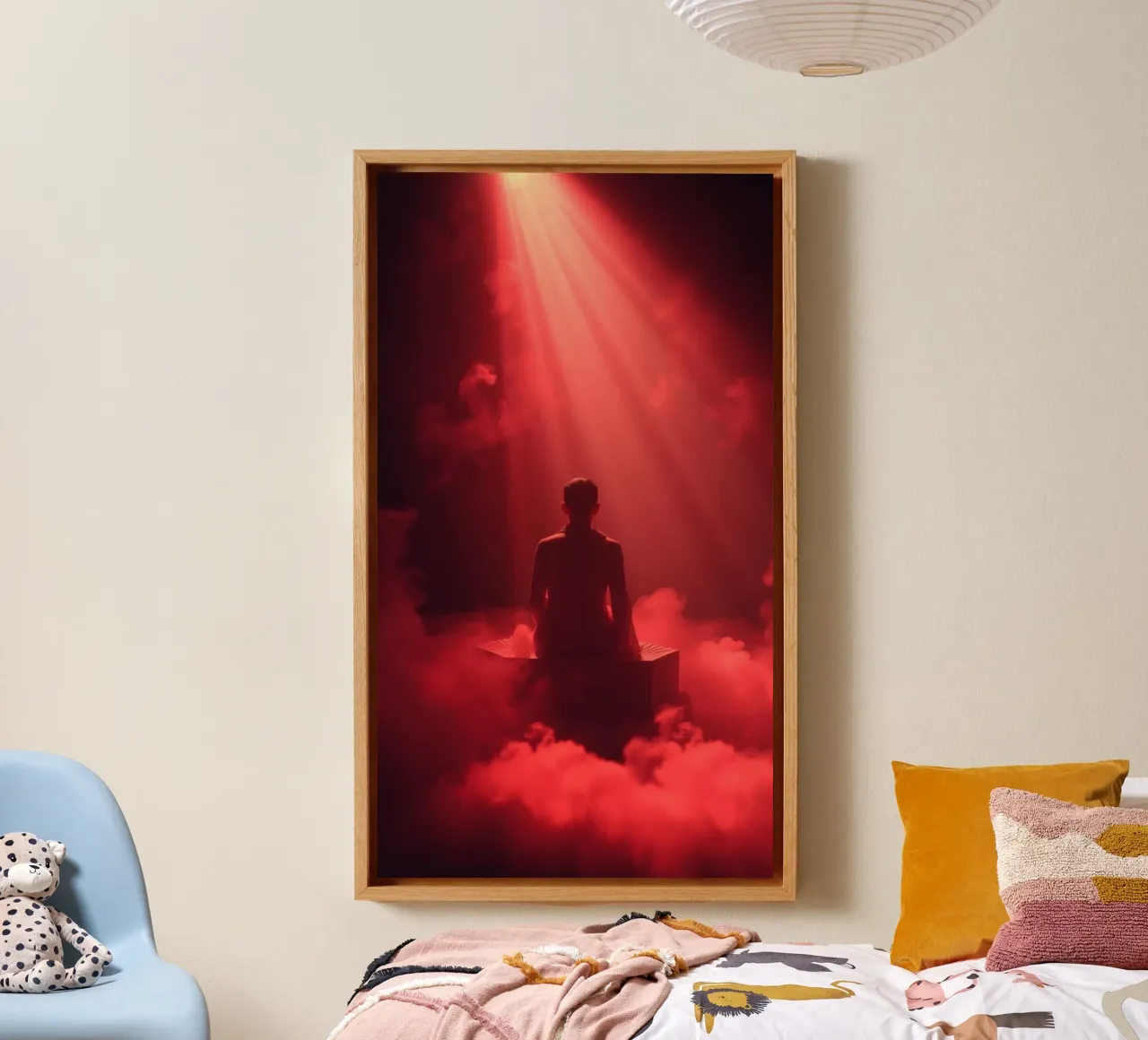 Captivating red light envelops a man sitting on a box in fog canvas with Floater frame by DesignDoodle