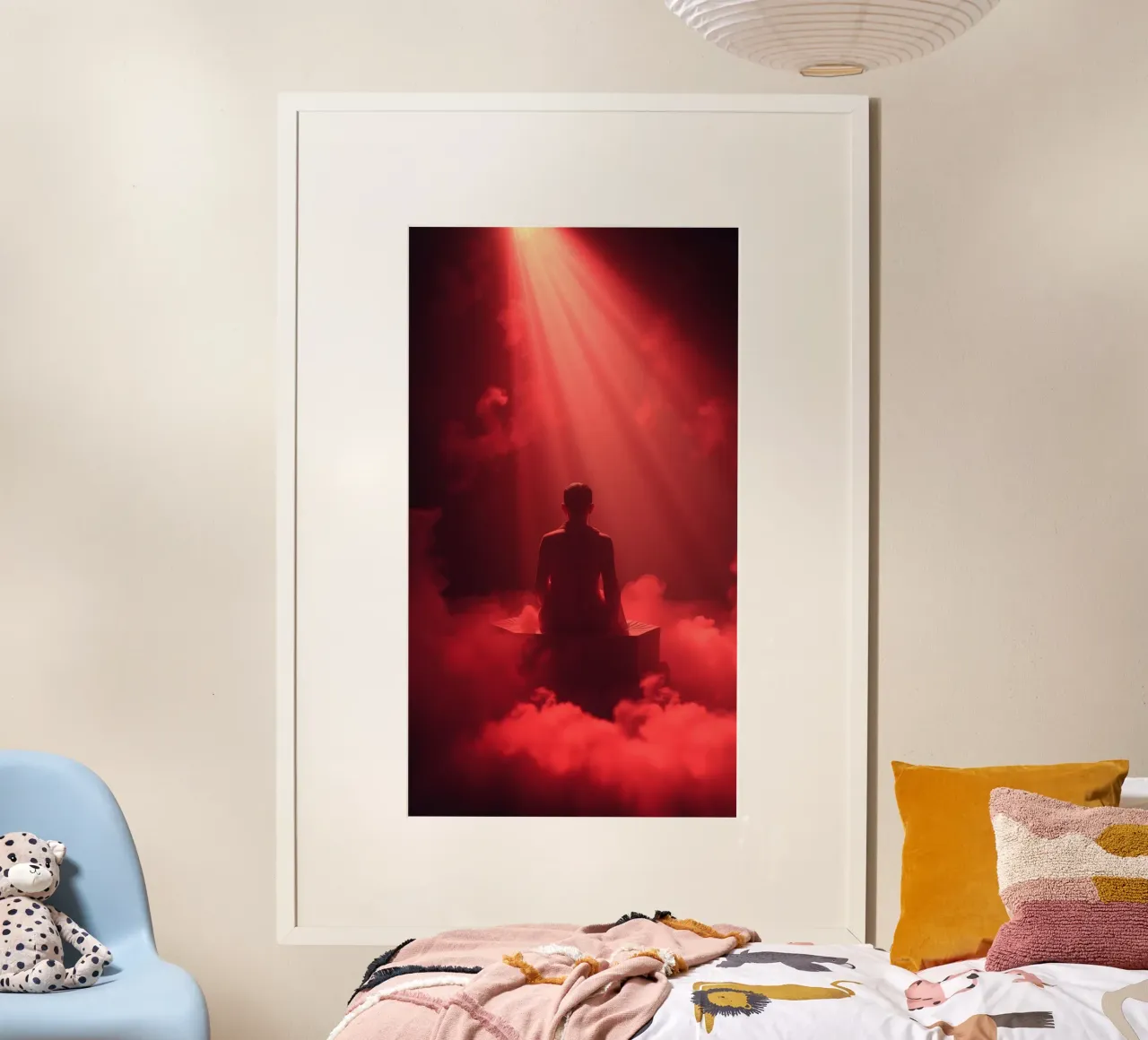 Captivating red light envelops a man sitting on a box in fog hahnemühle by DesignDoodle