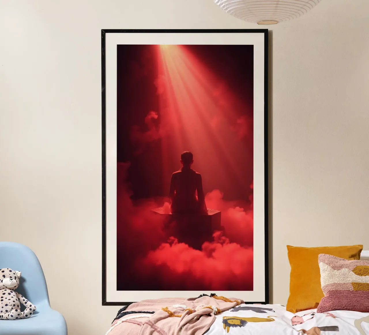 Captivating red light envelops a man sitting on a box in fog hahnemühle by DesignDoodle