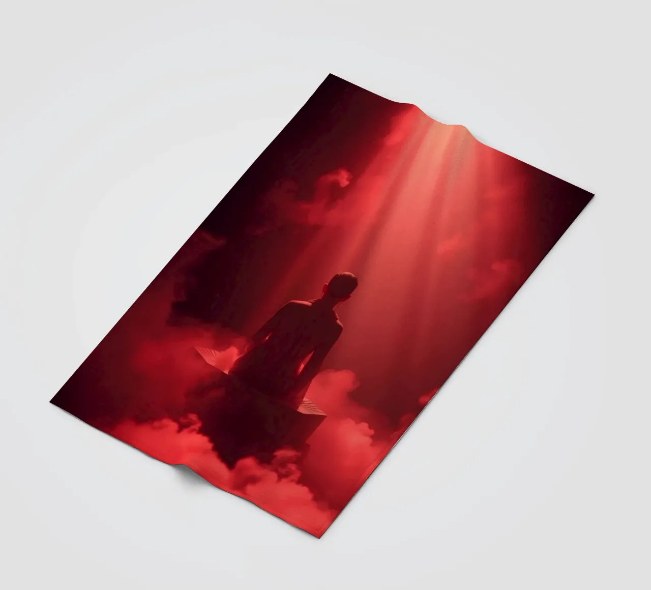 Captivating red light envelops a man sitting on a box in fog fleece blanket by DesignDoodle