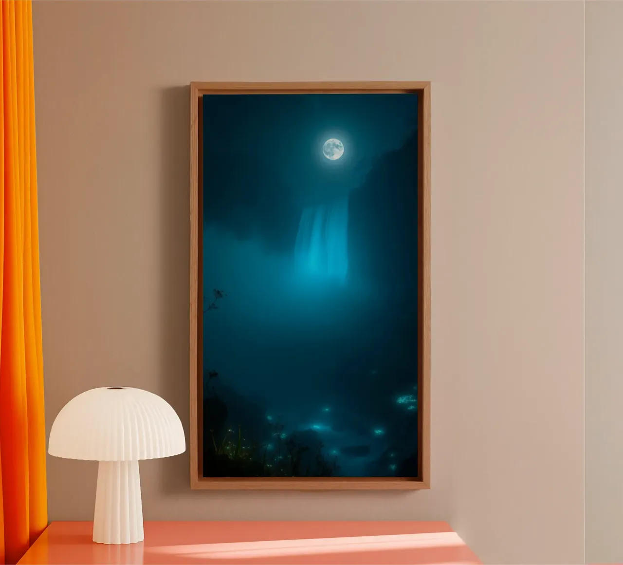 La bellezza di una cascata al chiaro di luna in una notte stellata tela con Cornice a cassetta da DesignDoodle