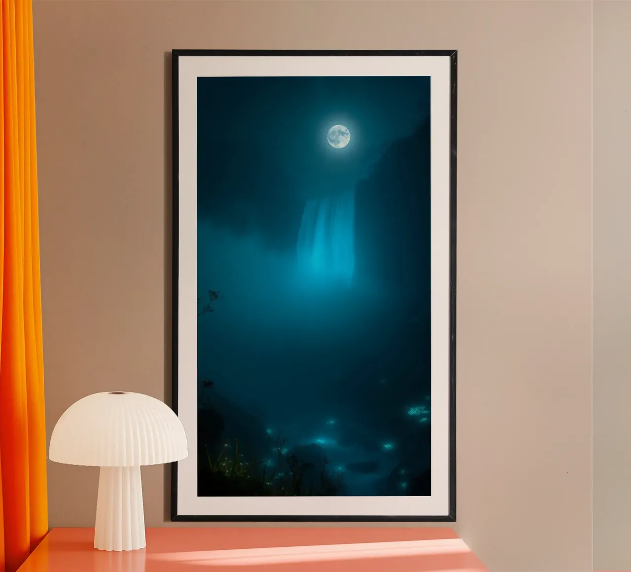 La bellezza di una cascata al chiaro di luna in una notte stellata carta hahnemühle da DesignDoodle