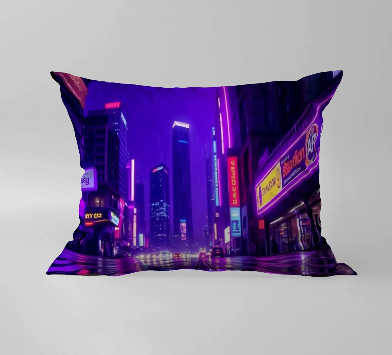città urbana con luci al neon che si riflettono su strade piovose cuscino da DesignDoodle