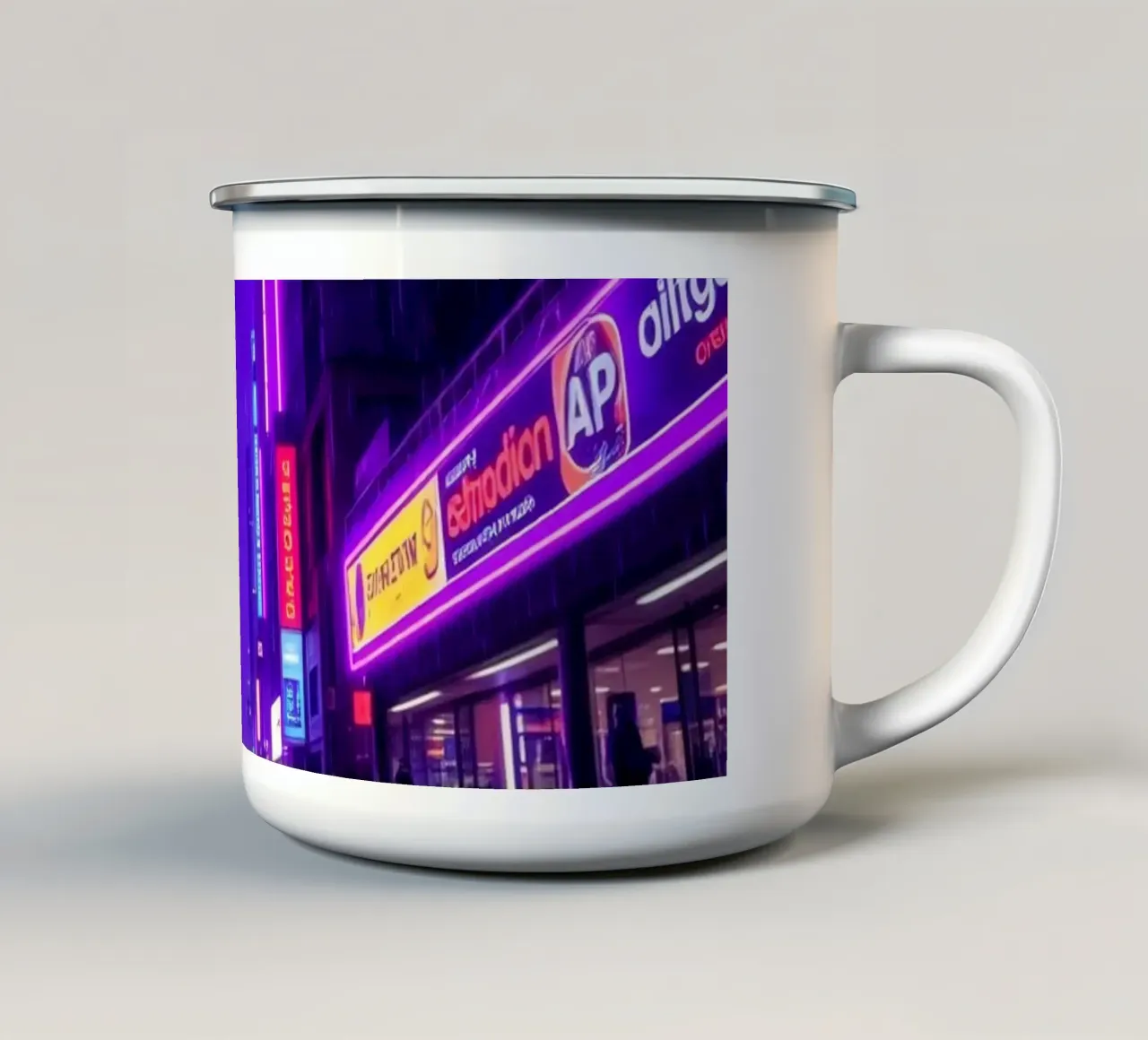 città urbana con luci al neon che si riflettono su strade piovose tazza in smalto da DesignDoodle