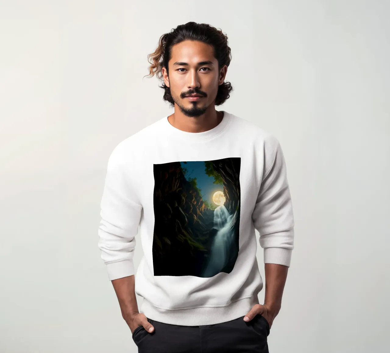 Cascata accattivante sotto un cielo lunare con alberi lussureggianti felpa da DesignDoodle