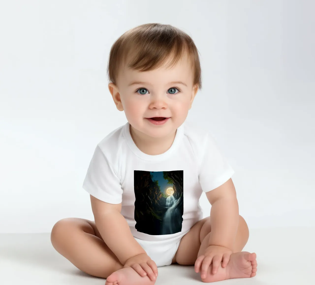 Captivating waterfall under a moonlit sky with lush trees short-sleeve baby romper by DesignDoodle