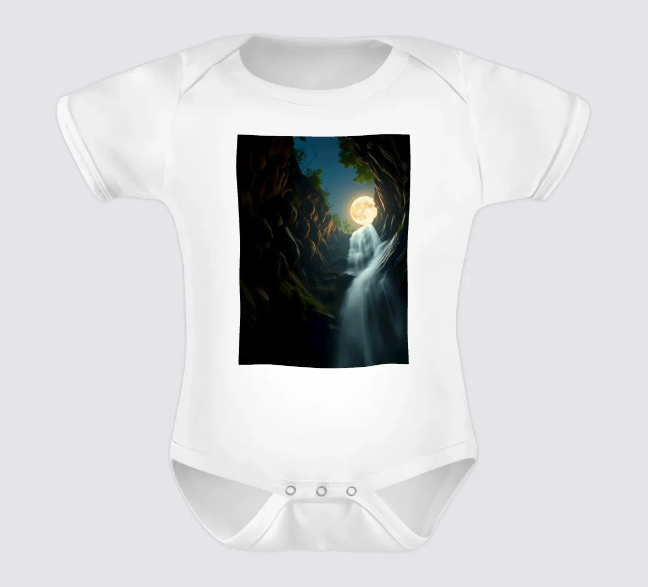 Captivating waterfall under a moonlit sky with lush trees short-sleeve baby romper by DesignDoodle