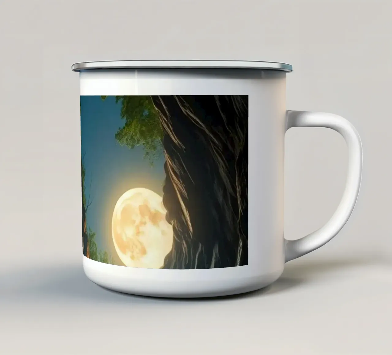 Captivating waterfall under a moonlit sky with lush trees enamel mug by DesignDoodle