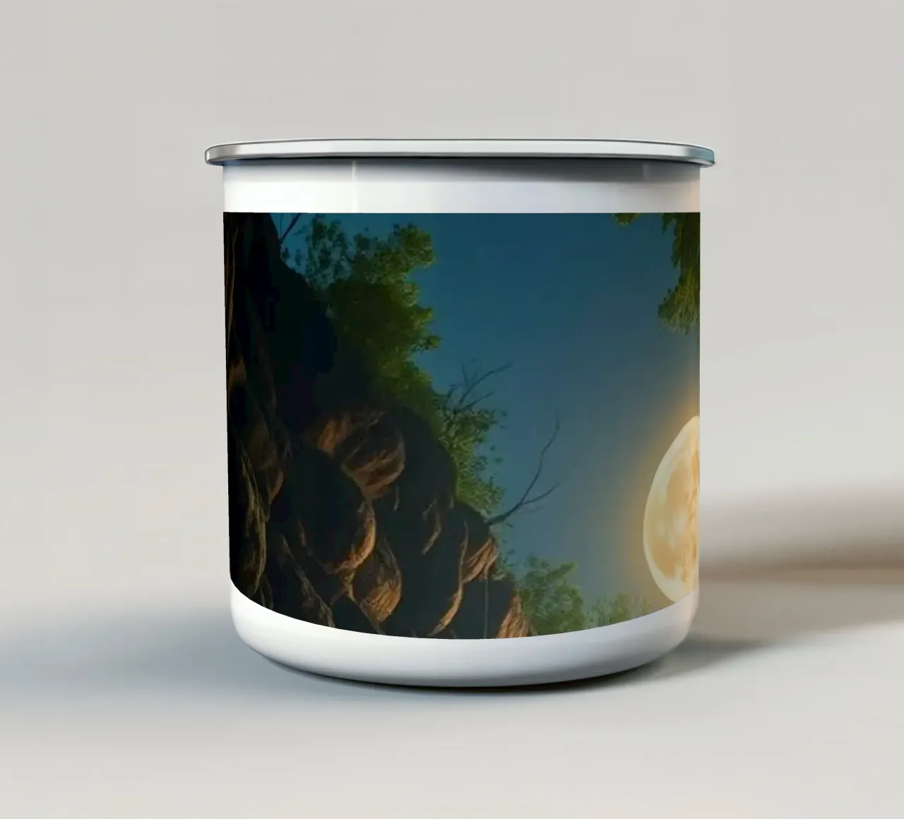 Captivating waterfall under a moonlit sky with lush trees enamel mug by DesignDoodle