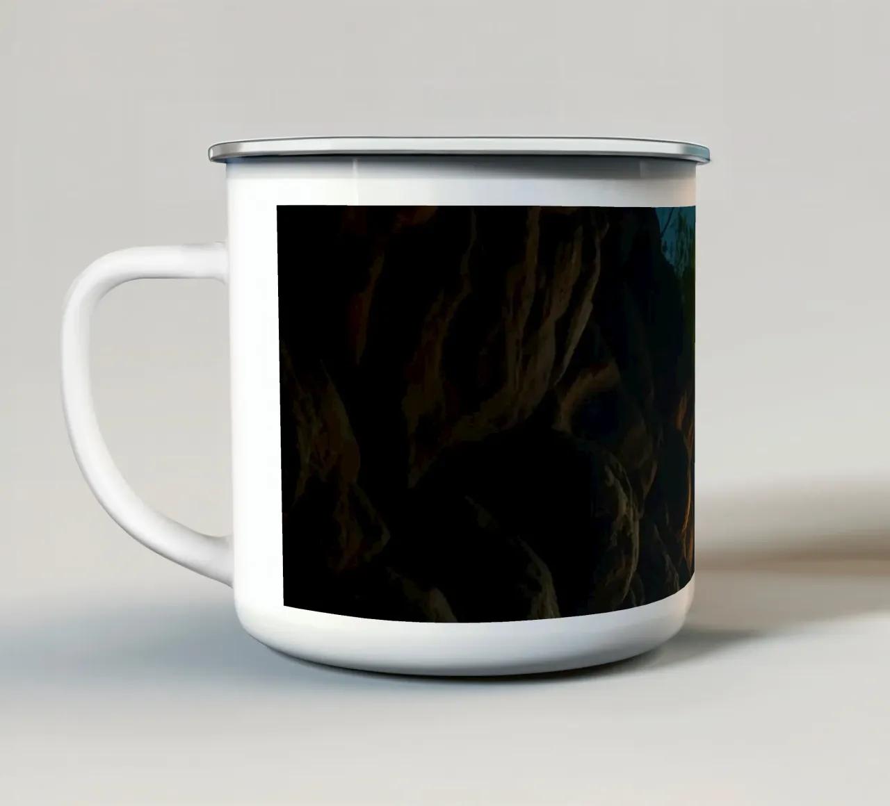 Captivating waterfall under a moonlit sky with lush trees enamel mug by DesignDoodle
