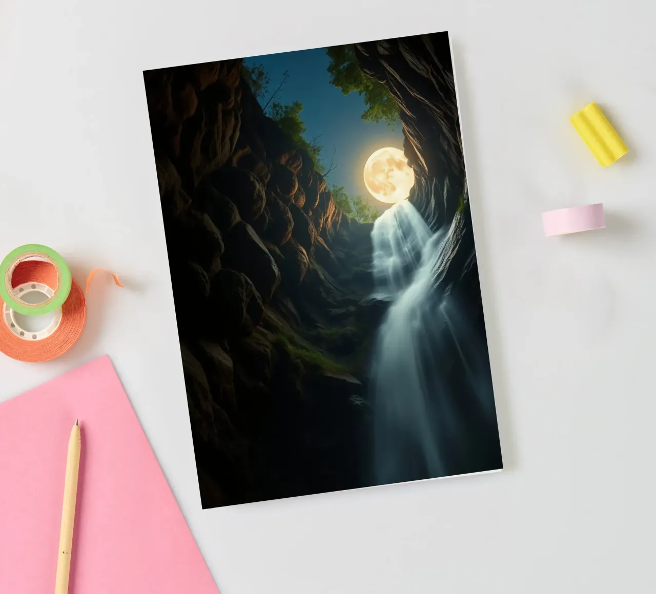 Captivating waterfall under a moonlit sky with lush trees notebook by DesignDoodle