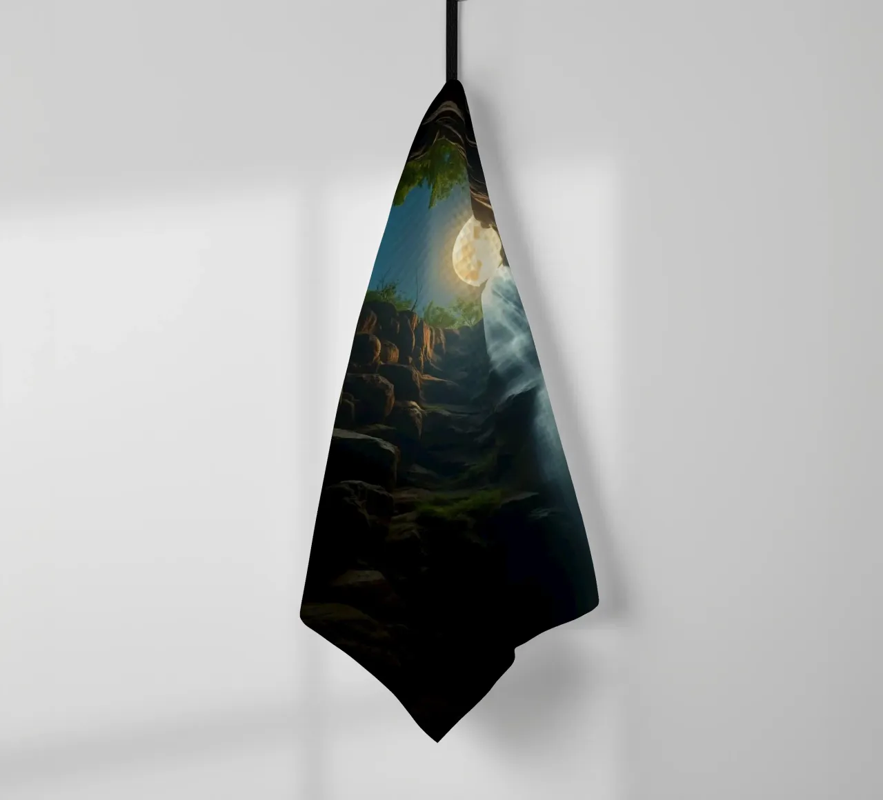 Captivating waterfall under a moonlit sky with lush trees tea towel by DesignDoodle