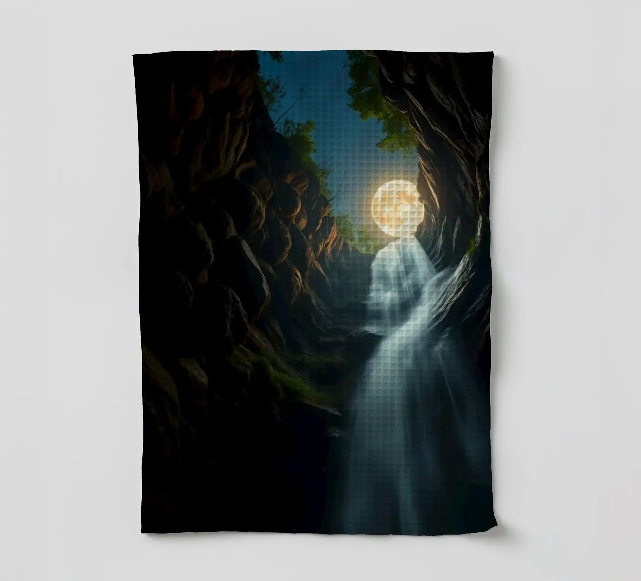 Captivating waterfall under a moonlit sky with lush trees tea towel by DesignDoodle