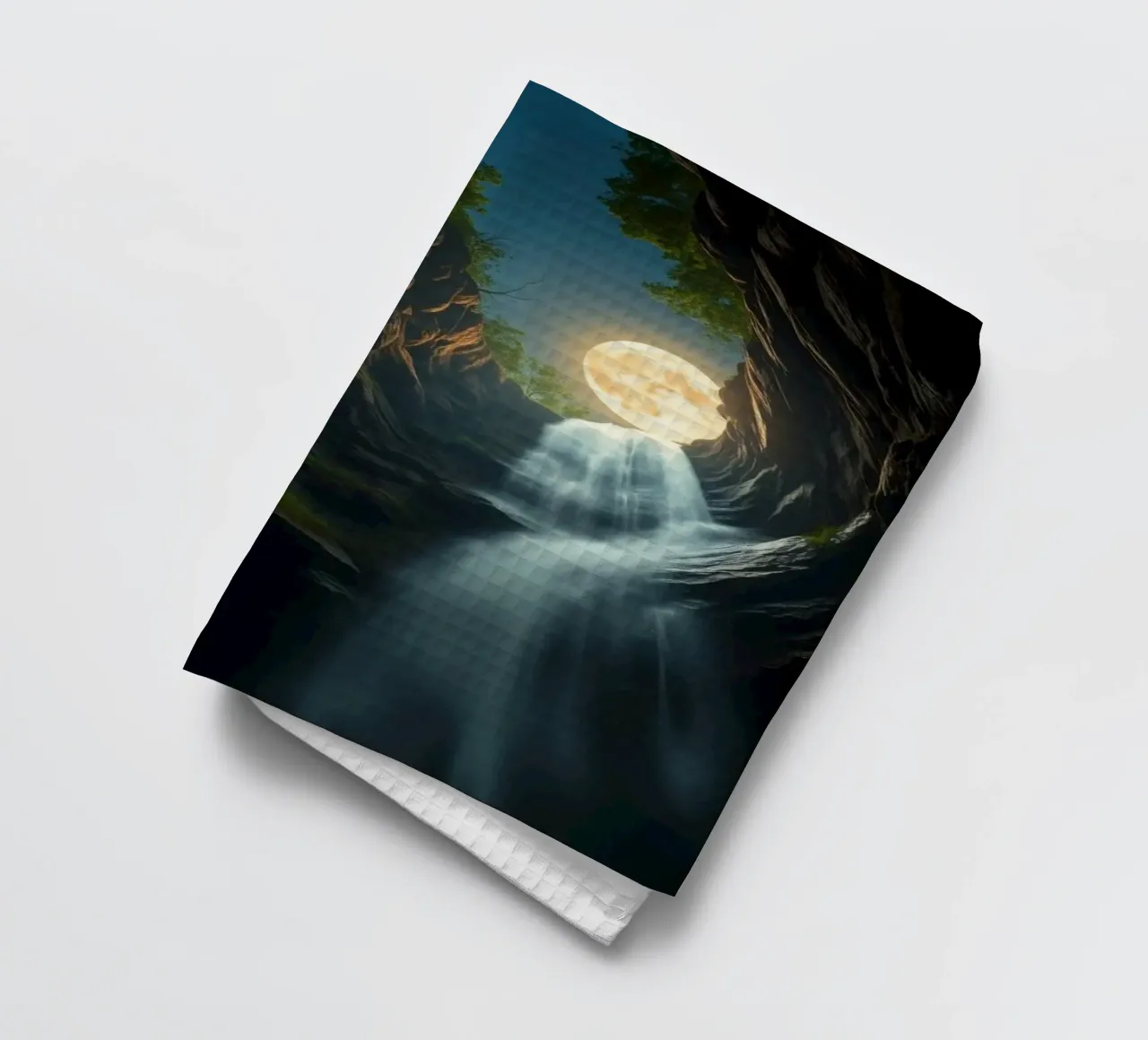 Captivating waterfall under a moonlit sky with lush trees tea towel by DesignDoodle