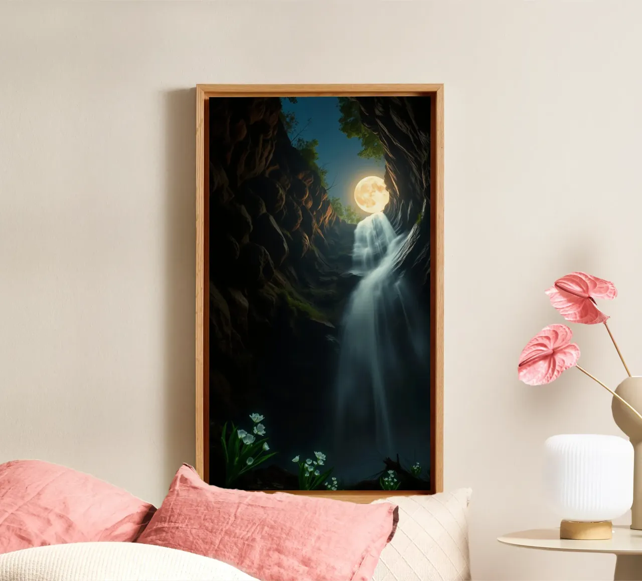 Captivating waterfall under a moonlit sky with lush trees canvas by DesignDoodle