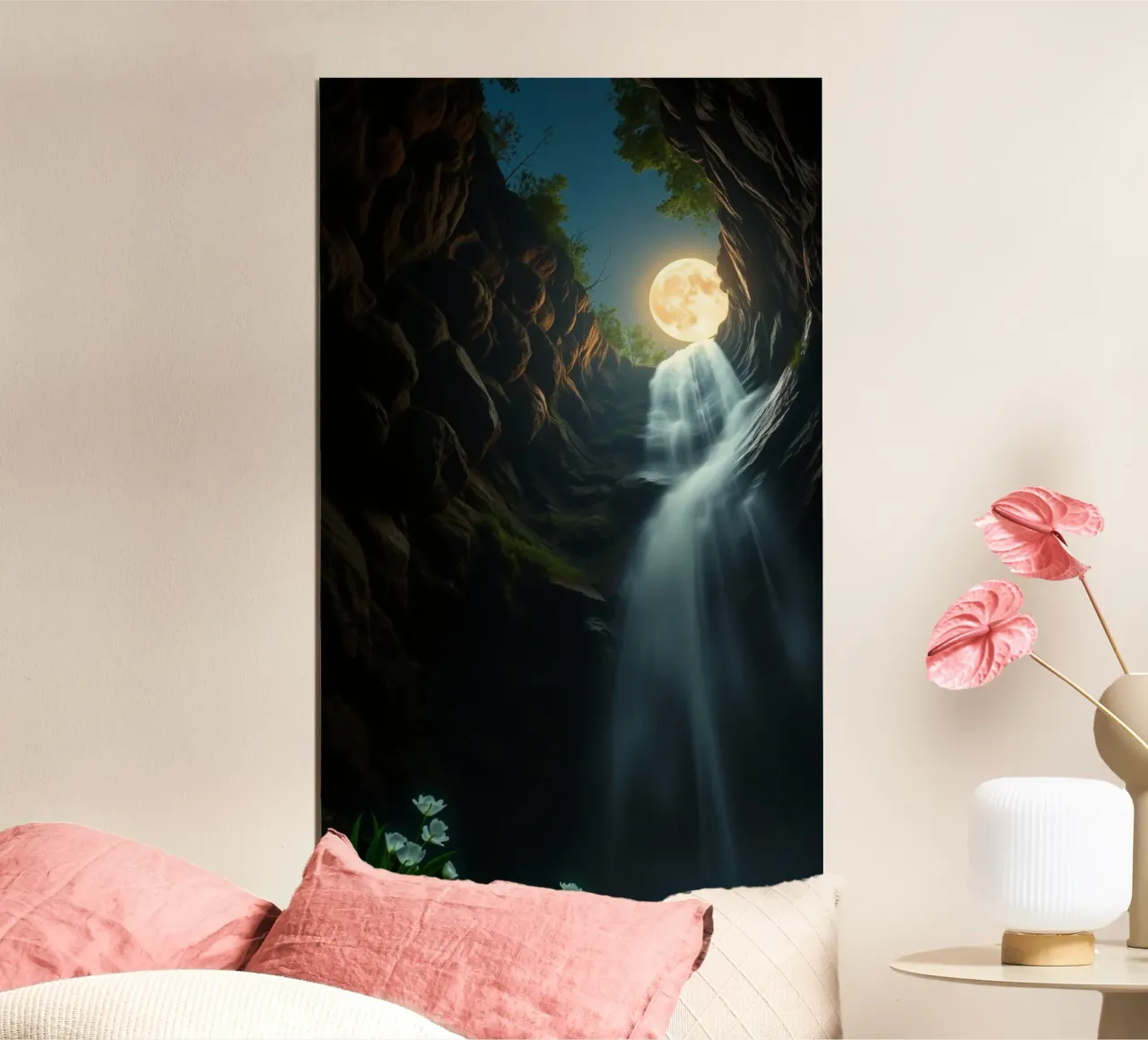Captivating waterfall under a moonlit sky with lush trees hahnemühle by DesignDoodle