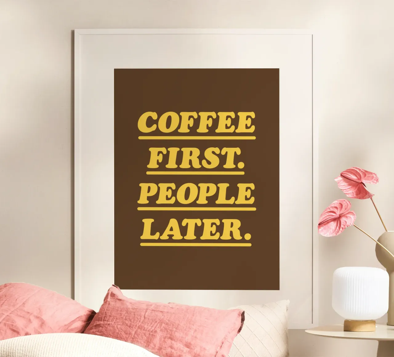 Coffee First People Later Yellow Retro Typography Print hahnemühle by THE MOTIVATED TYPE