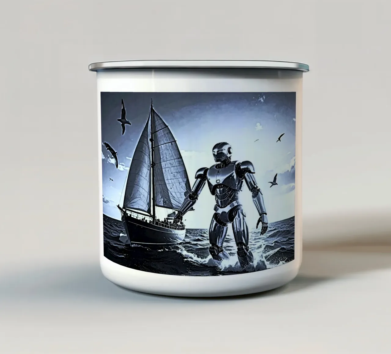 ROBOT AVEC VOILIER. Noir et blanc tazza in smalto da Thierry vobmann photography