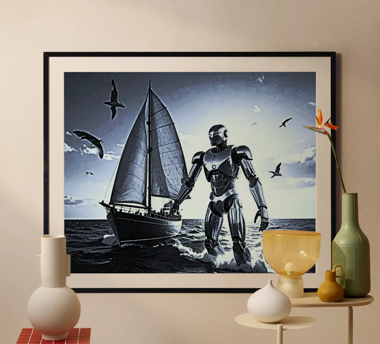 ROBOT AVEC VOILIER. Noir et blanc carta hahnemühle da Thierry vobmann photography