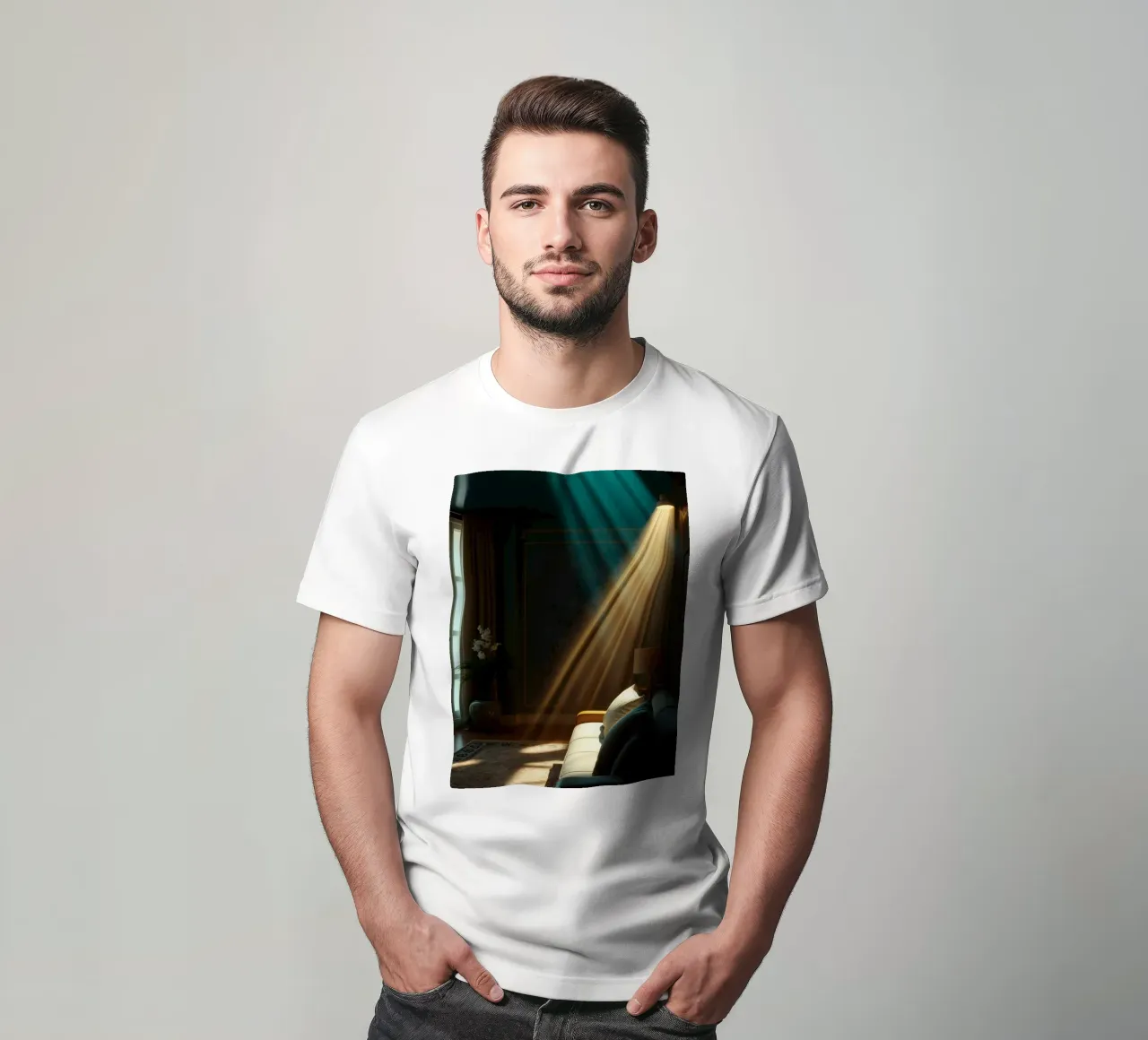 showcasing warm light beams in a cozy living room space t-shirt by DesignDoodle