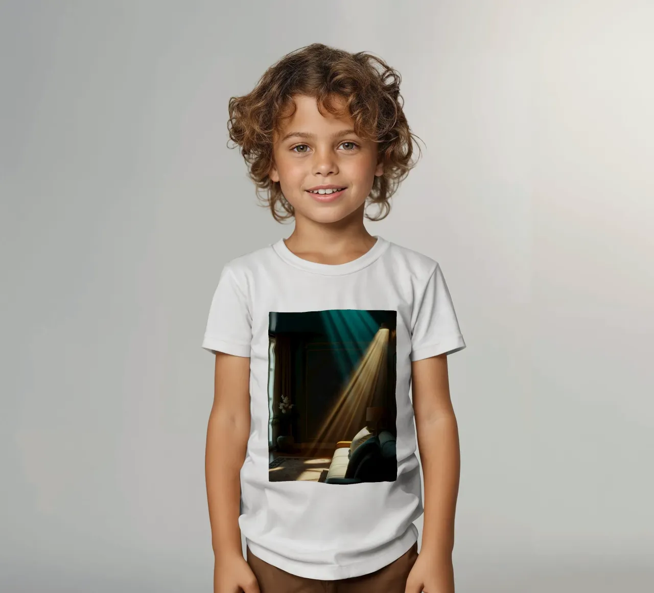 showcasing warm light beams in a cozy living room space kids t-shirt by DesignDoodle