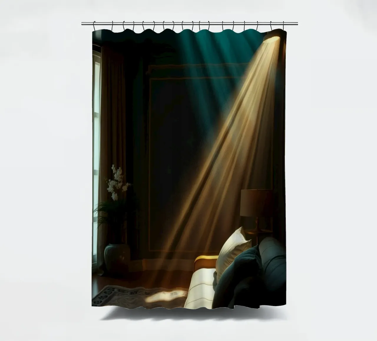 Präsentation von warmen Lichtstrahlen in einem gemütlichen Wohnzimmer Duschvorhang von DesignDoodle