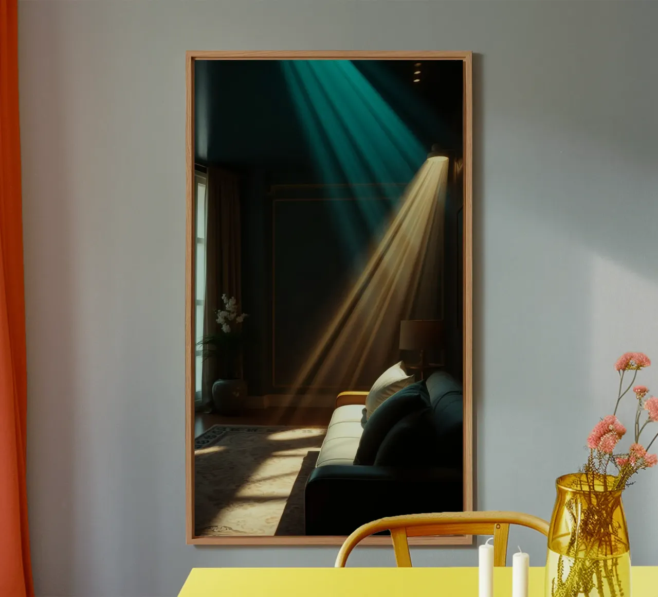 che mette in mostra le calde travi di luce in un accogliente spazio del soggiorno alluminio dibond da DesignDoodle