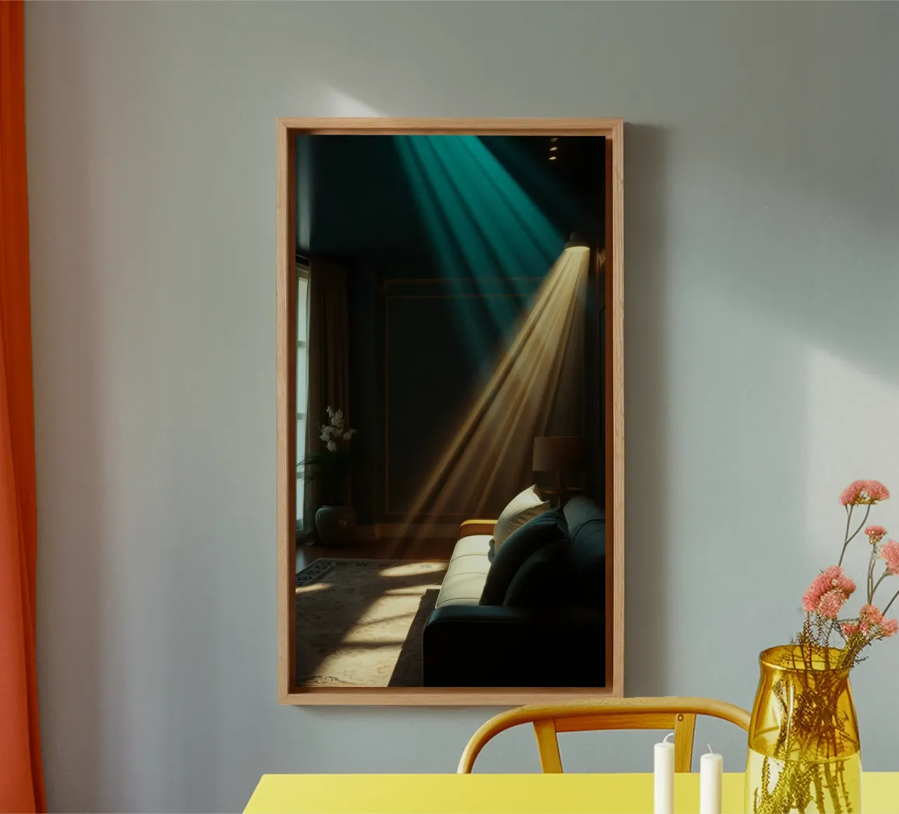 showcasing warm light beams in a cozy living room space canvas by DesignDoodle