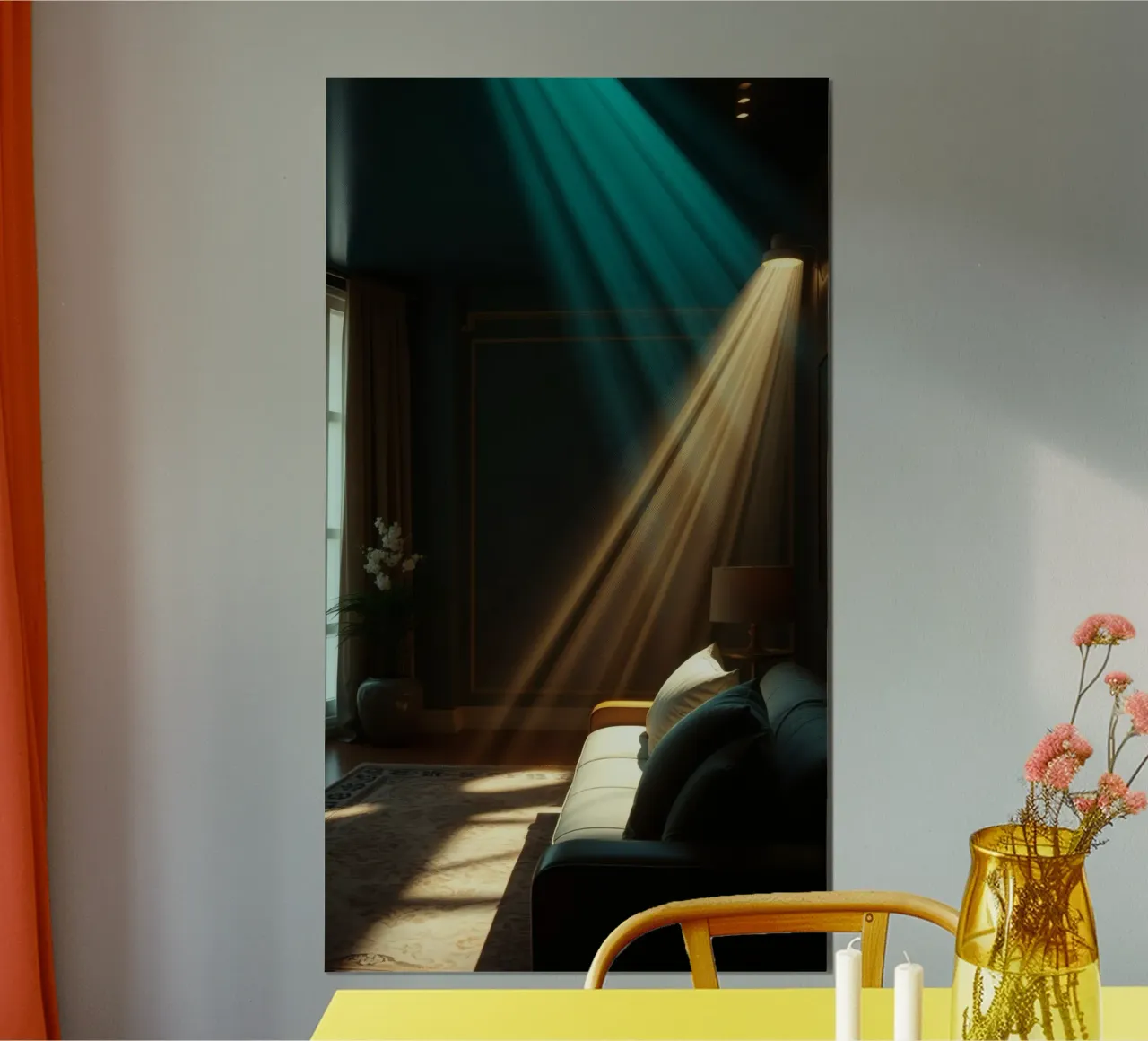 Präsentation von warmen Lichtstrahlen in einem gemütlichen Wohnzimmer Hahnemühle von DesignDoodle