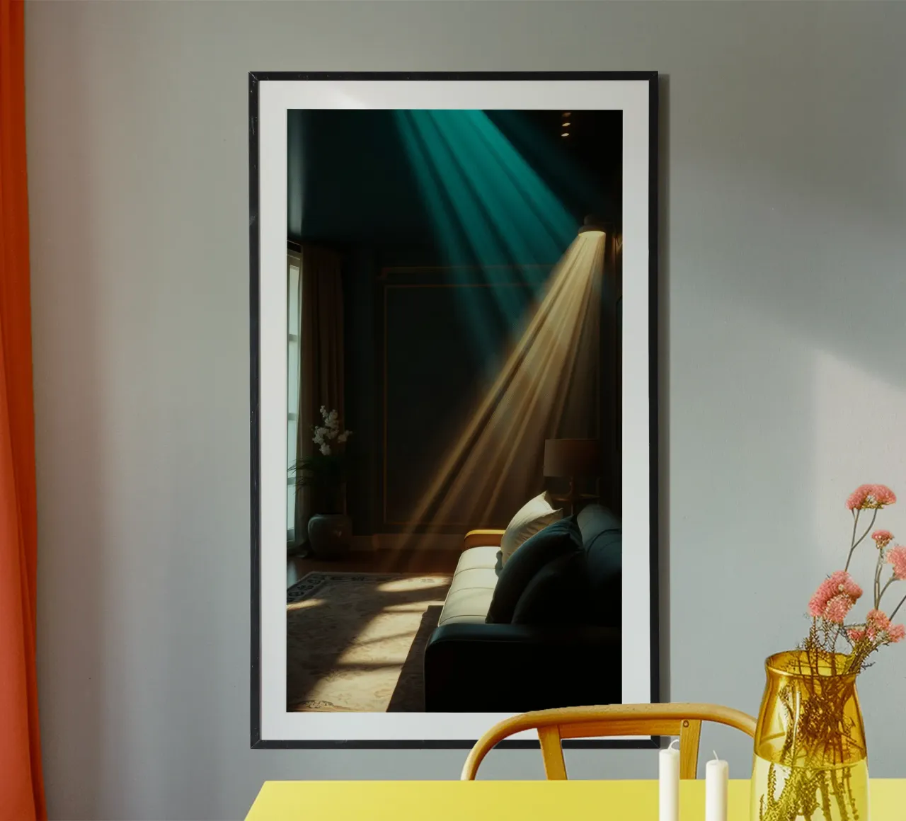 Präsentation von warmen Lichtstrahlen in einem gemütlichen Wohnzimmer Hahnemühle von DesignDoodle