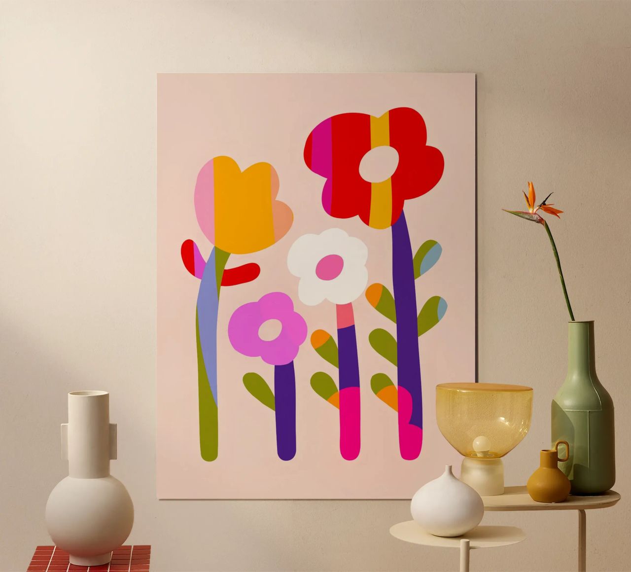 Kühne und bunte Gänseblümchen - Kühne moderne Retro-Blumencollage Poster von Dominique Vari