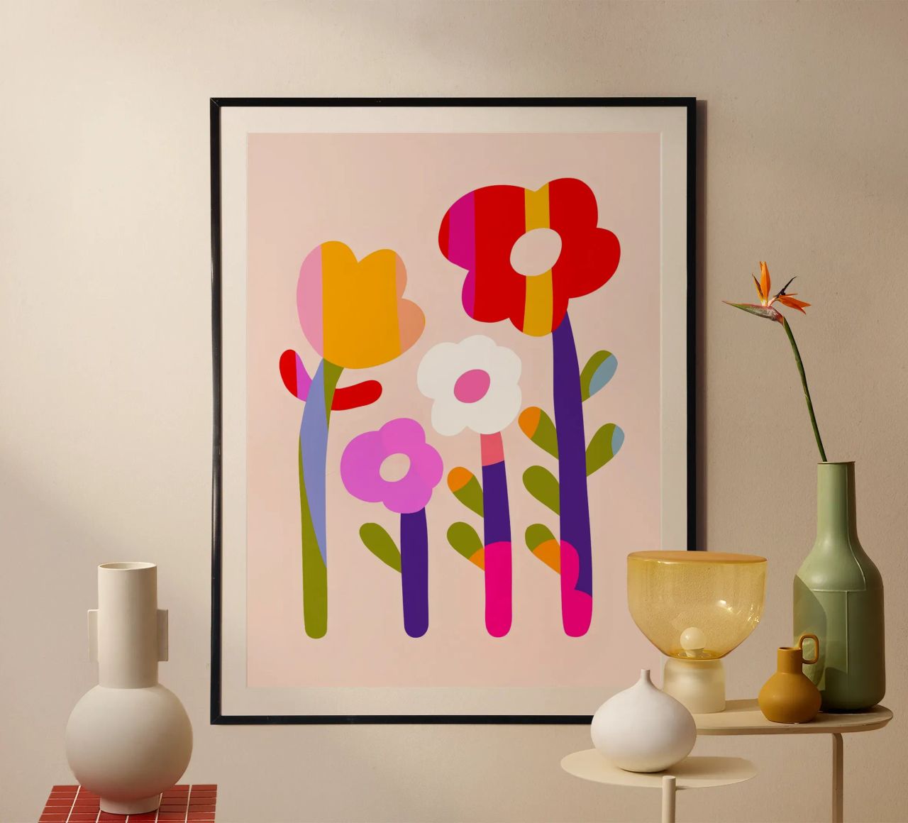 Kühne und bunte Gänseblümchen - Kühne moderne Retro-Blumencollage Poster von Dominique Vari