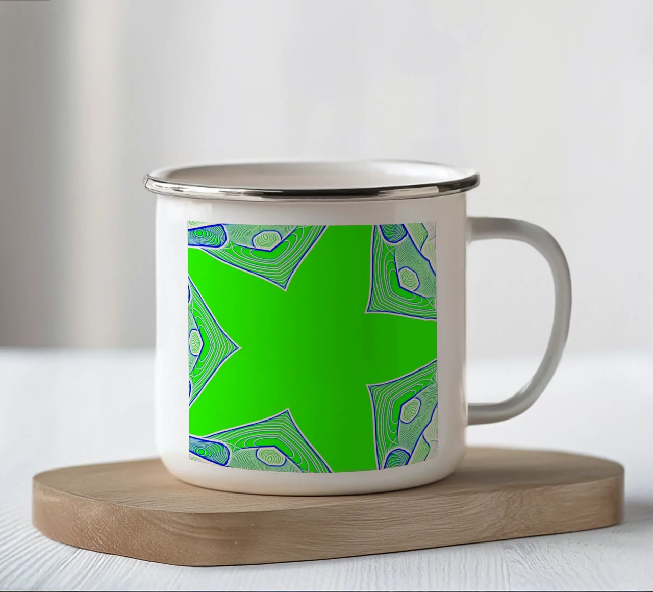 5-pointed star in green, can be personalised with text (name) enamel mug by Gürsel Yesil Digital Art