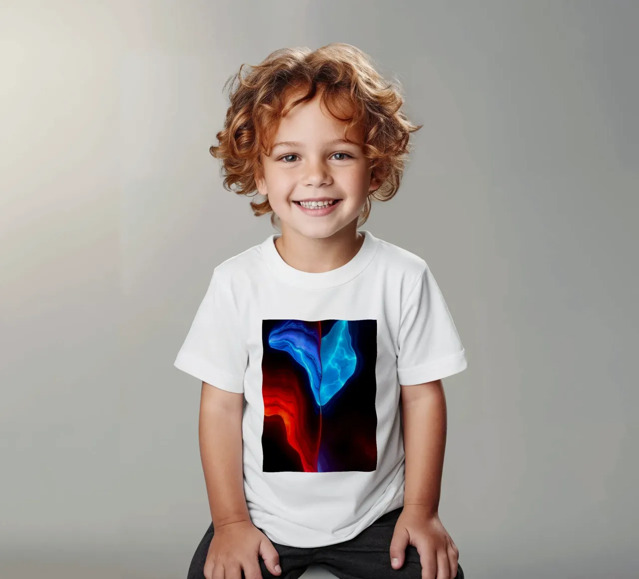 abstract wallpaper design featuring red and blue waves kids t-shirt by DesignDoodle