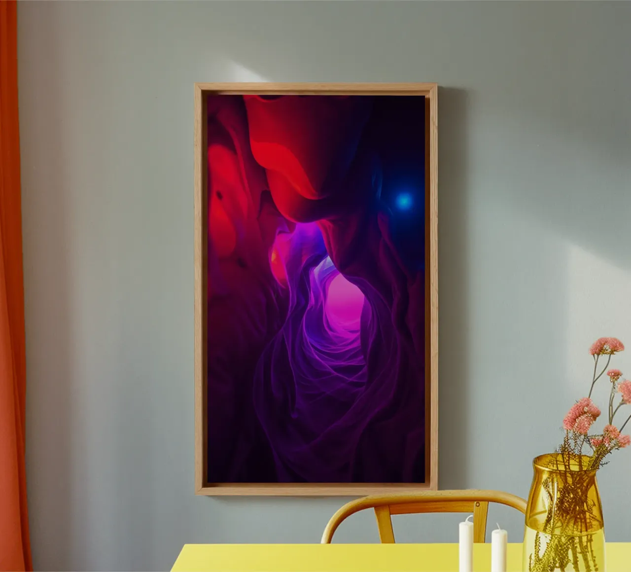Vibrant abstract cave design creates a captivating wallart canvas with Floater frame by DesignDoodle