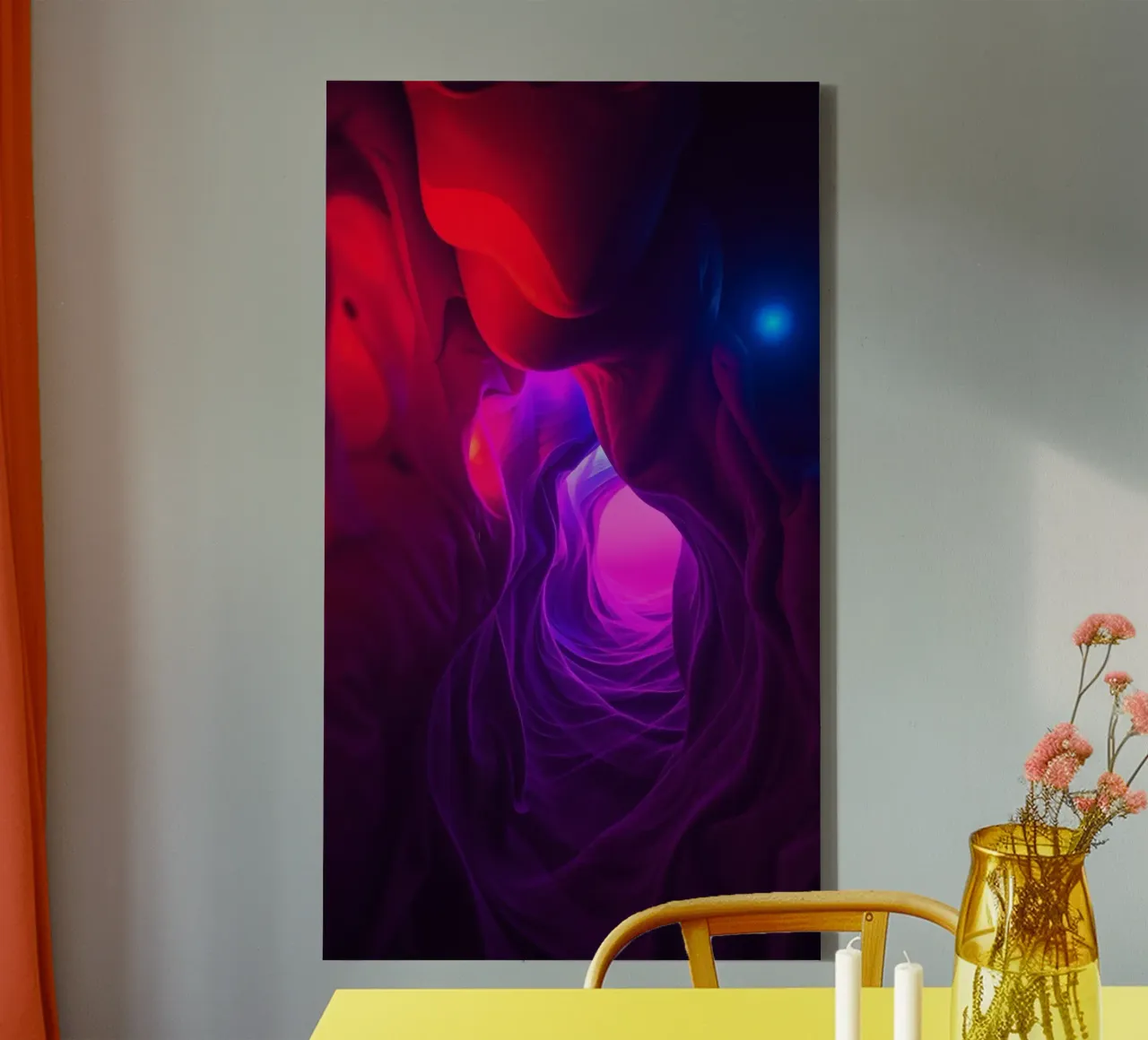 Vibrant abstract cave design creates a captivating wallart canvas with Floater frame by DesignDoodle
