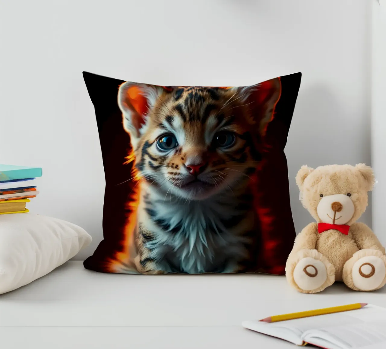 Cute tabby kitten with vibrant fur soft lighting decorative cushion by DesignDoodle