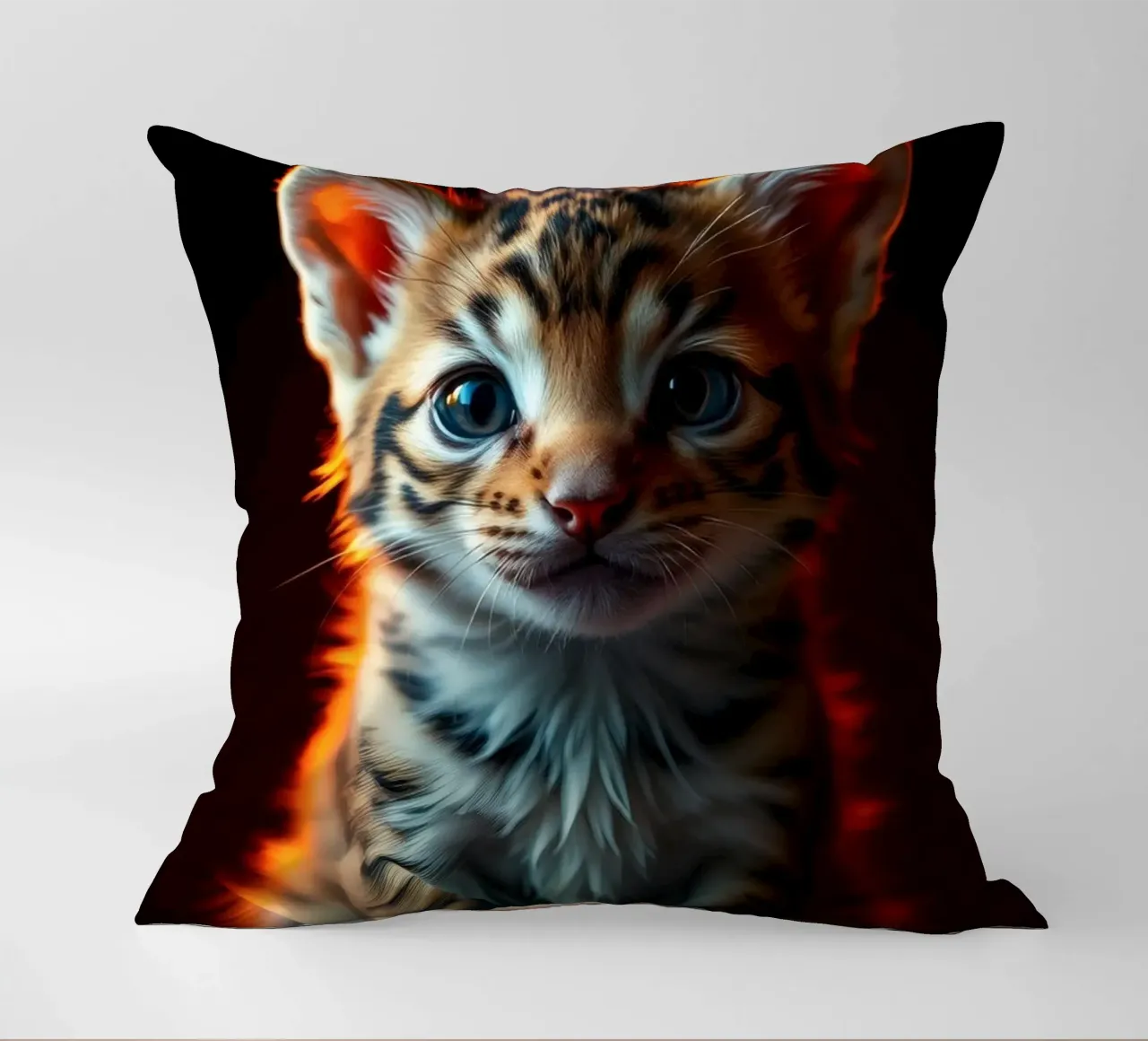 Cute tabby kitten with vibrant fur soft lighting decorative cushion by DesignDoodle