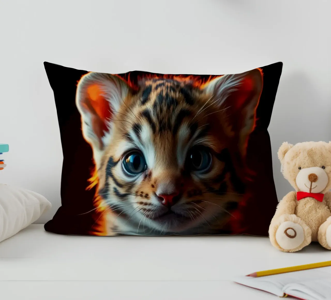 Cute tabby kitten with vibrant fur soft lighting decorative cushion by DesignDoodle