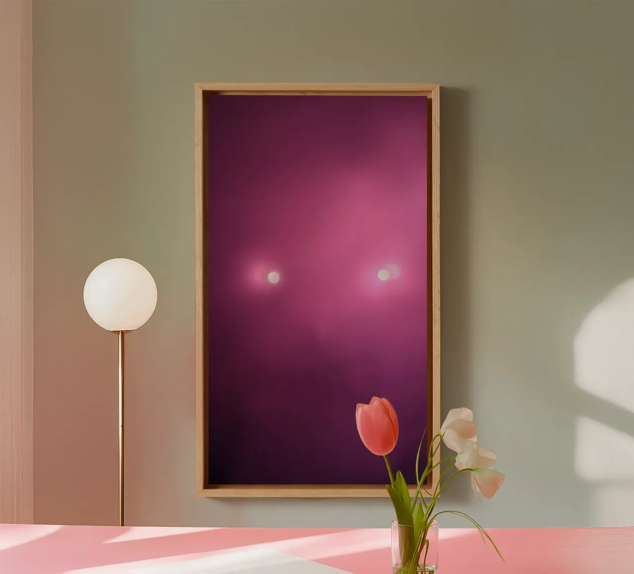 Unique abstract art with pink haze and glowing lights canvas with Floater frame by DesignDoodle