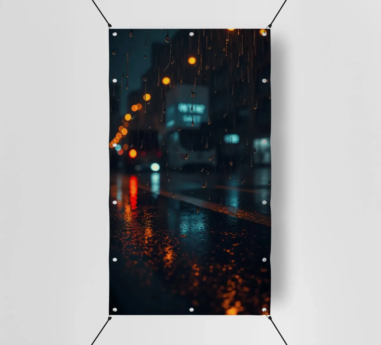 Splendida notte urbana con pioggia e riflessi vibranti telo in pvc da DesignDoodle