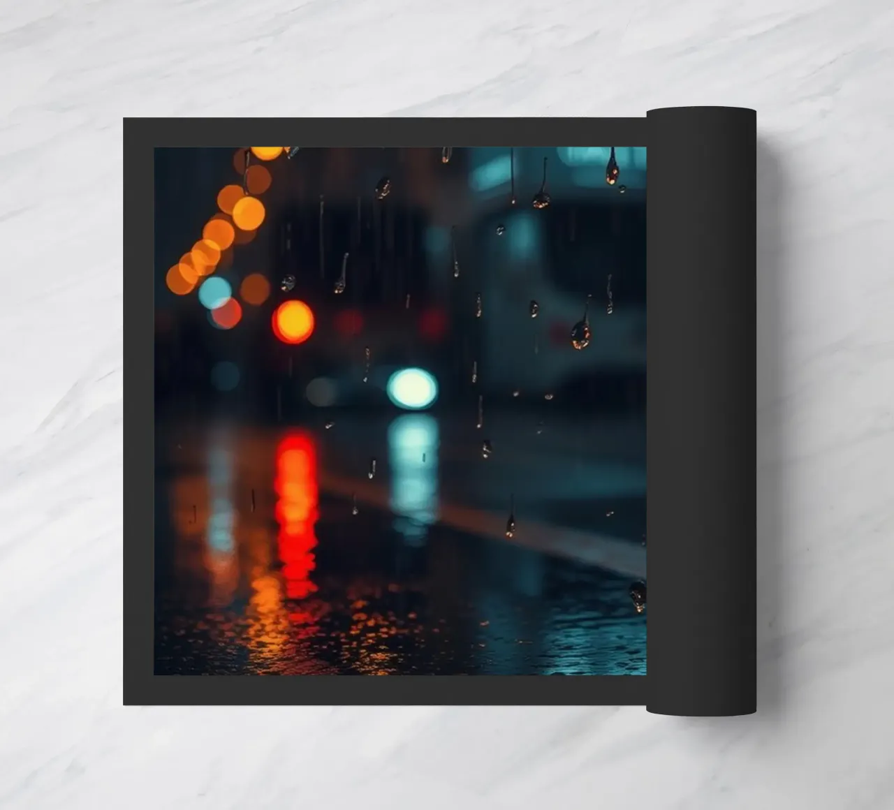 Splendida notte urbana con pioggia e riflessi vibranti zerbino da DesignDoodle