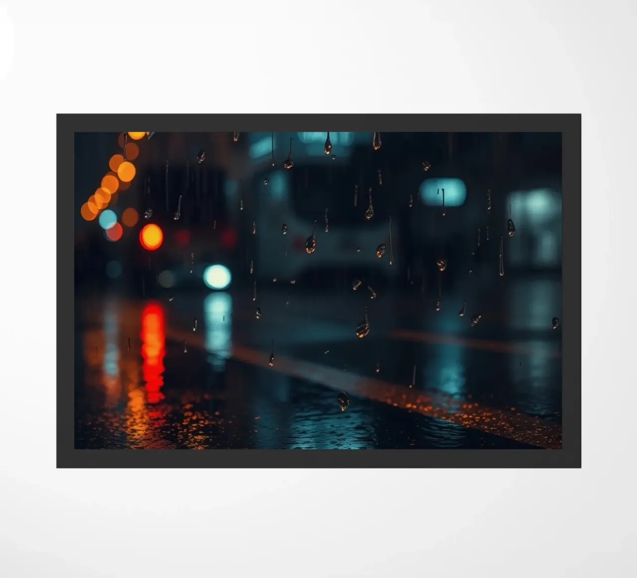 Splendida notte urbana con pioggia e riflessi vibranti zerbino da DesignDoodle