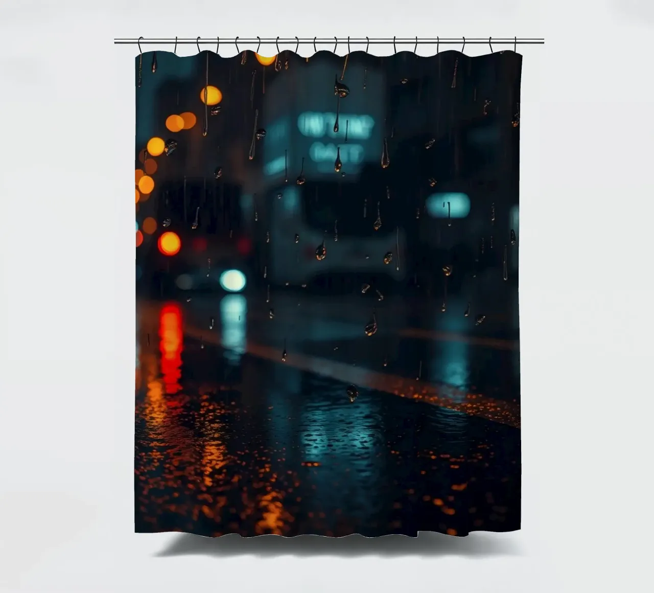 Beautiful urban night with rain and vibrant reflections shower curtain by DesignDoodle