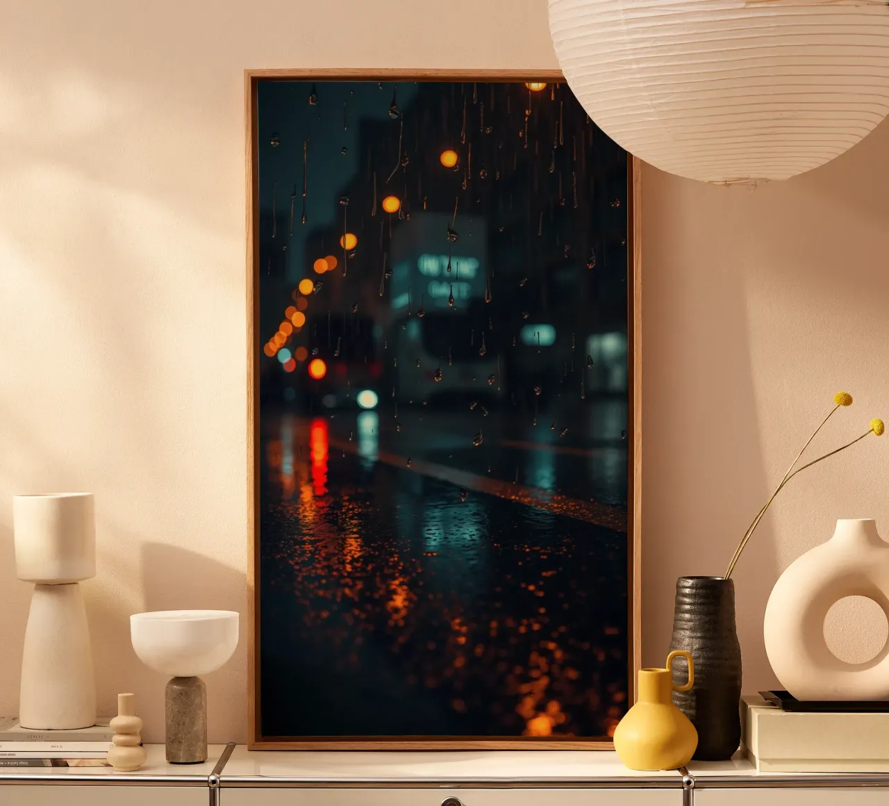 Beautiful urban night with rain and vibrant reflections canvas by DesignDoodle