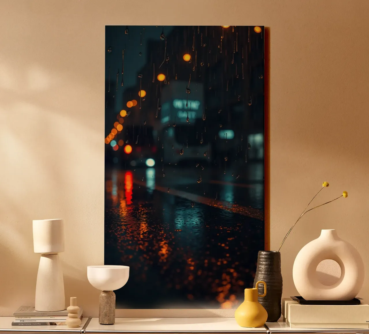 Beautiful urban night with rain and vibrant reflections canvas by DesignDoodle