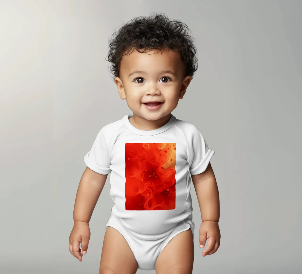 abstract swirling reds and yellows with soft bubbles short-sleeve baby romper by DesignDoodle