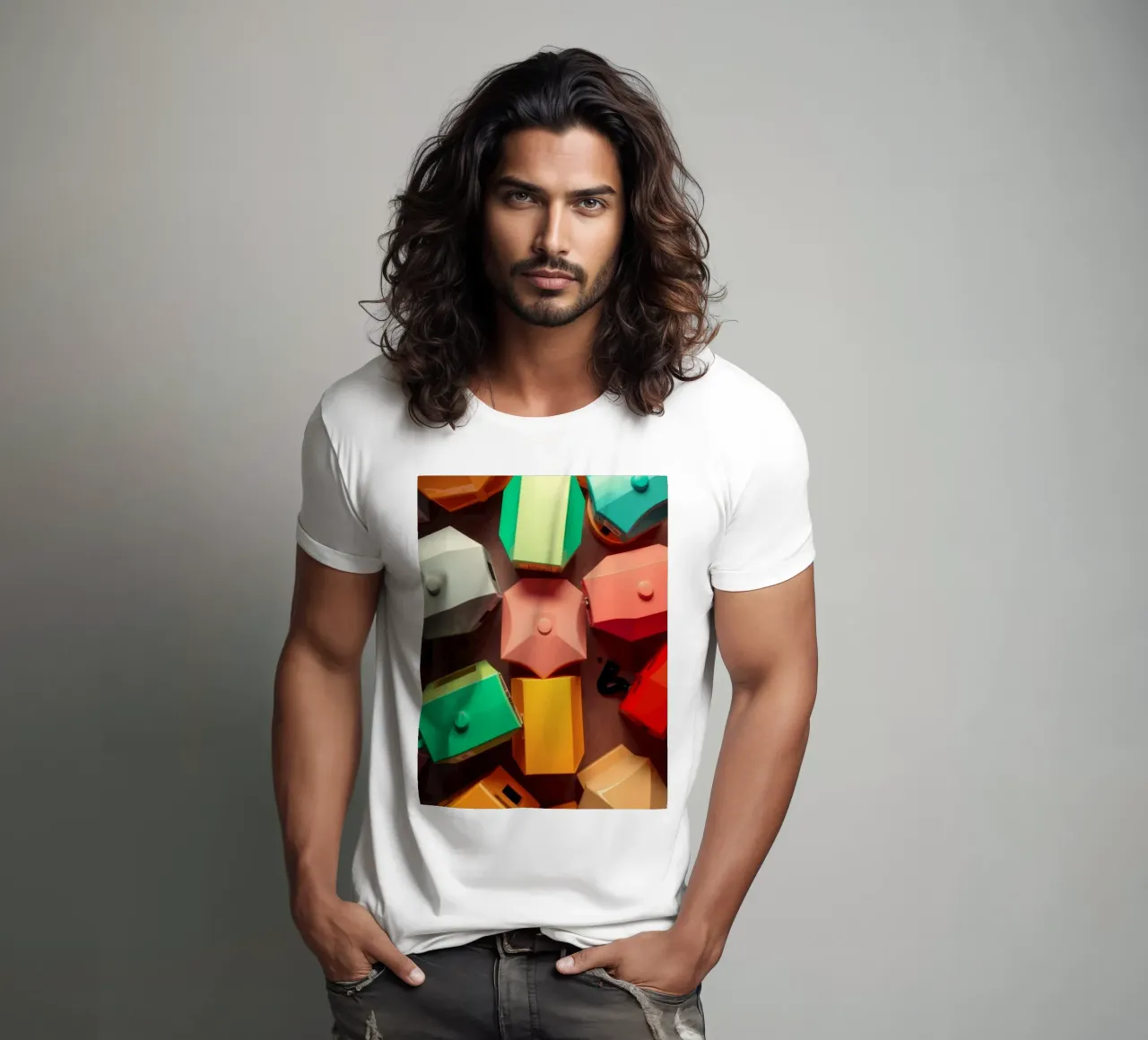 Colorful abstract shapes layers of geometric forms t-shirt by DesignDoodle