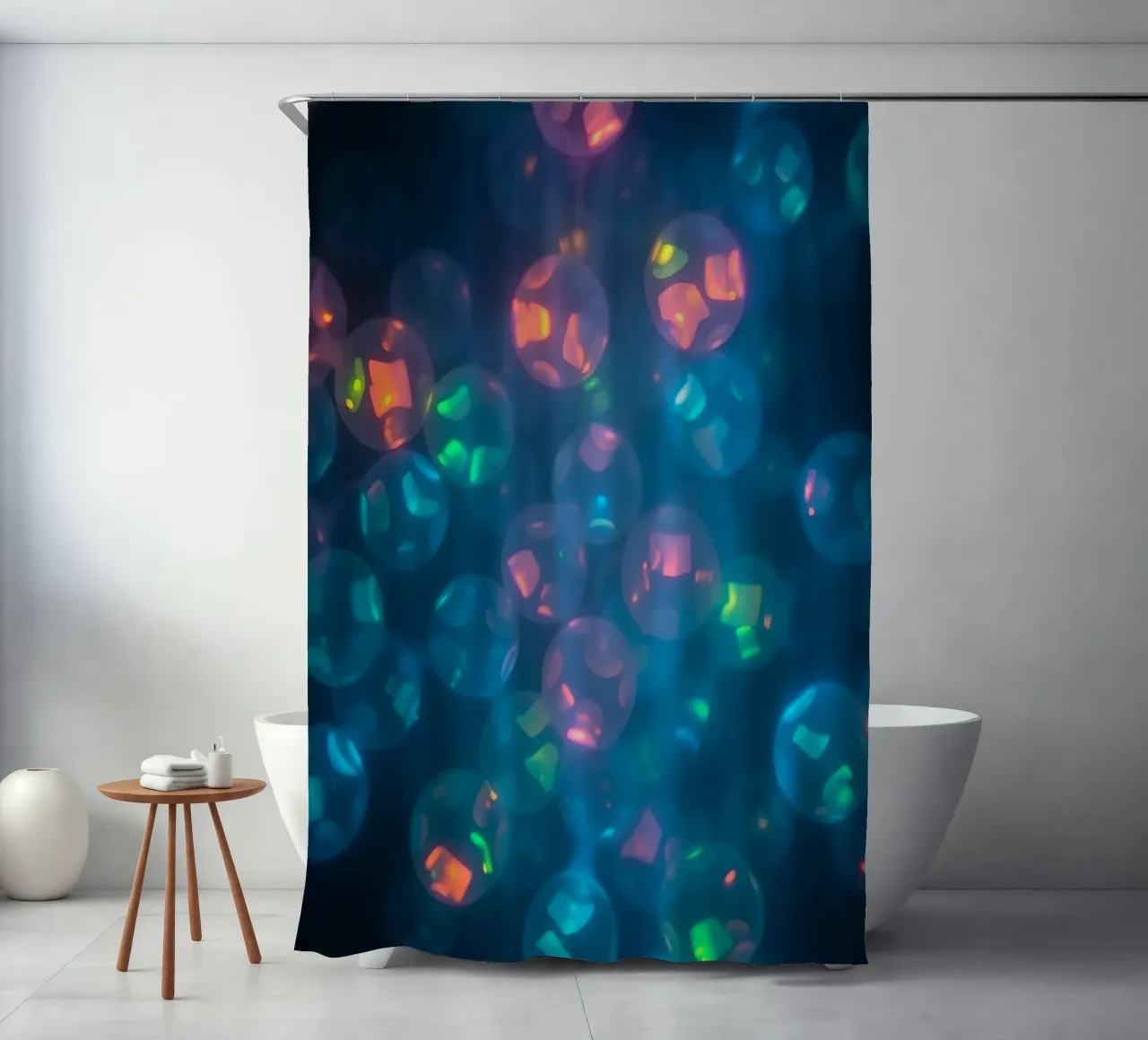 abstract pattern featuring colorful spheres shower curtain by DesignDoodle