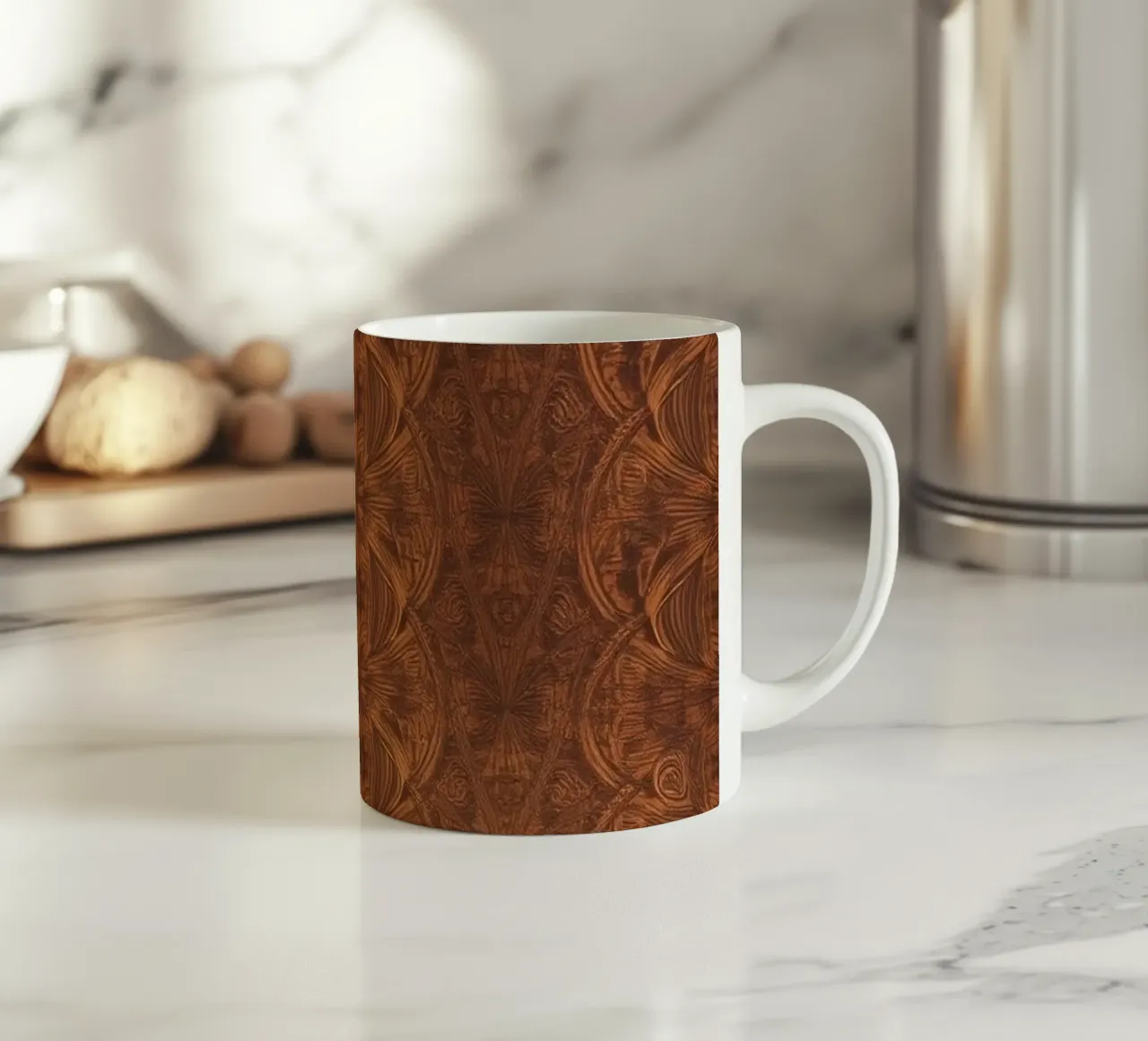 Lebendiges, abstraktes Design mit orangefarbenen und blauen Wirbeln Keramik Tasse von DesignDoodle